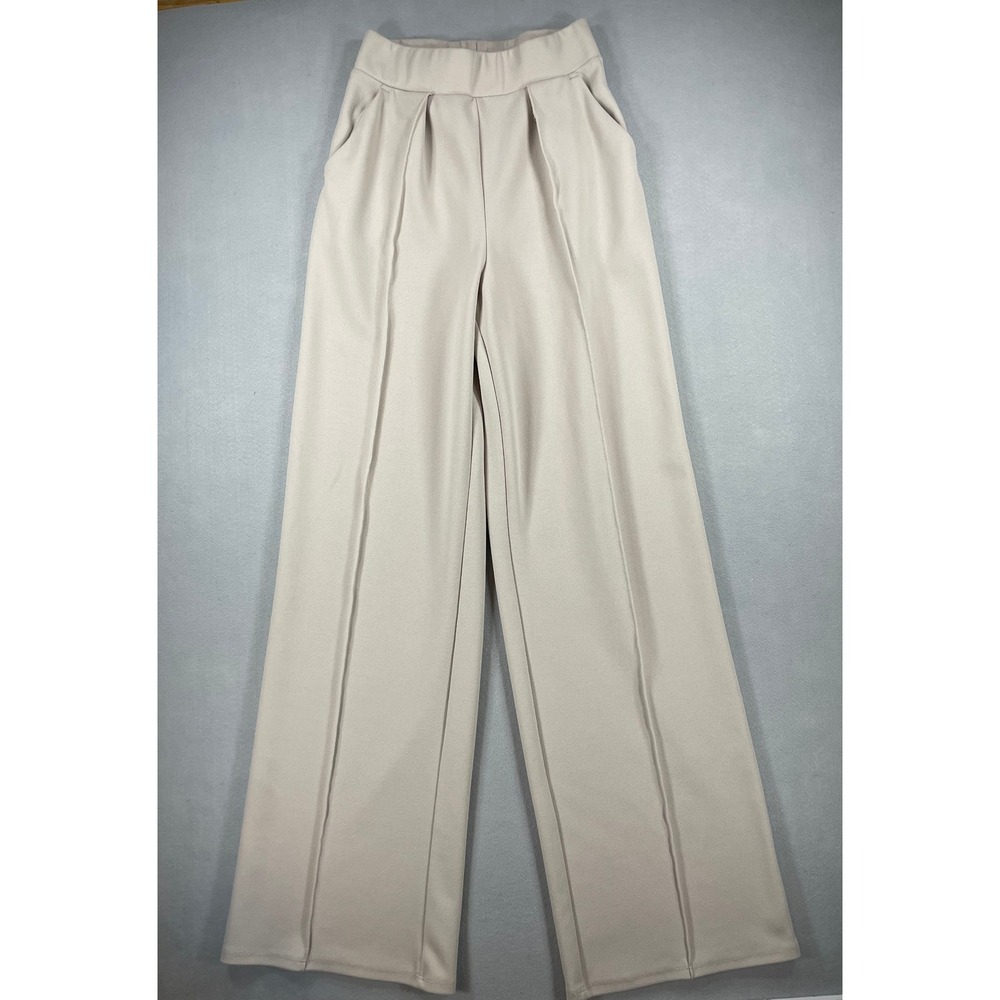 Unbranded Beige High Waisted Wide Leg Pintuck Trousers Crepe Pants Cream‎ Small